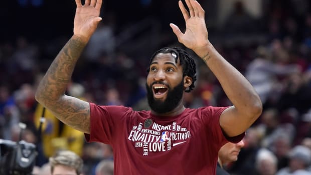 Cleveland Cavaliers center Andre Drummond reacts before a game against the Atlanta Hawks at Rocket Mortgage FieldHouse.